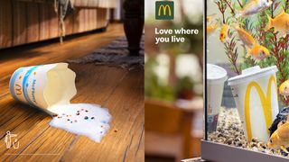 A spilled McFlurry on a wooden floor and a McDonald's cup in a fish tank