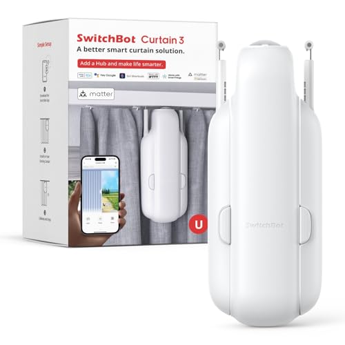 Switchbot Smart Automatic Automatic Curtain Opener - Bluetooth dálkové ovládání s aplikací/časovačem, upgradovaným výkonnostním motorem, přidat rozbočovač Switchbot, aby fungoval s Alexa, Google Home, HomeKit (Curtain 3, U Rail)