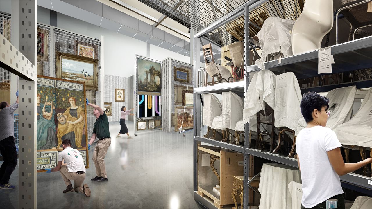 View of working collection stores and 'as stored' displays at V&amp;A East Storehouse