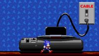 A screenshot showing Sonic the Hedgehog running in front of a Sega Console in graphics from the Sega Channel