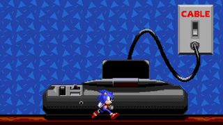 A screenshot showing Sonic the Hedgehog running in front of a Sega Console in graphics from the Sega Channel