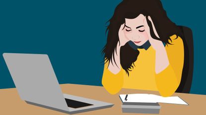 Illustration of woman with head in hands sitting in front of a laptop at her desk, representing UK menopause law