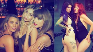 Side-by-side images of a Taylor Swift Instagram post, depicting her and two female friends on a night out, and a photograph by James Artaius of two women in swimsuits, both shot with the Olympus Vintage I filter