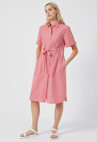 French Connection Cotton Gingham Belted Shirt Dress, White/Hibiscus, $110 (£85) | John Lewis