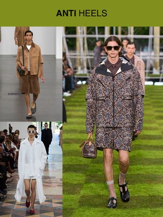 A collage highlighting the "Anti Heels" trend at the men's spring summer 2025 shows, with images from Fendi, Louis Vuitton, and Gucci.