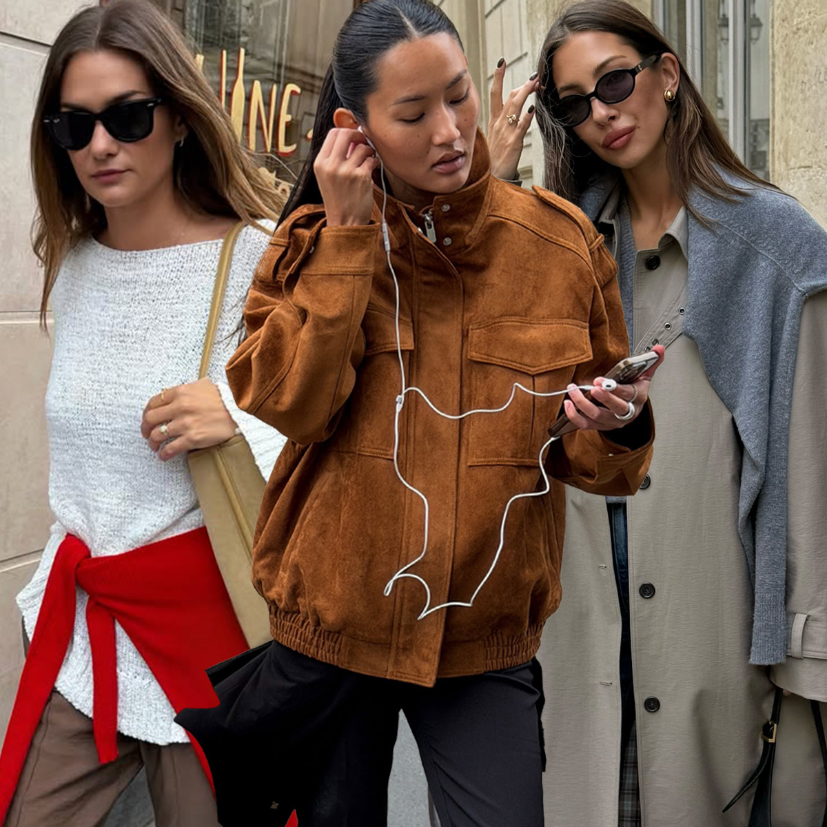 A French sweater outfit is shown in a collage of photos of women wearing knitwear