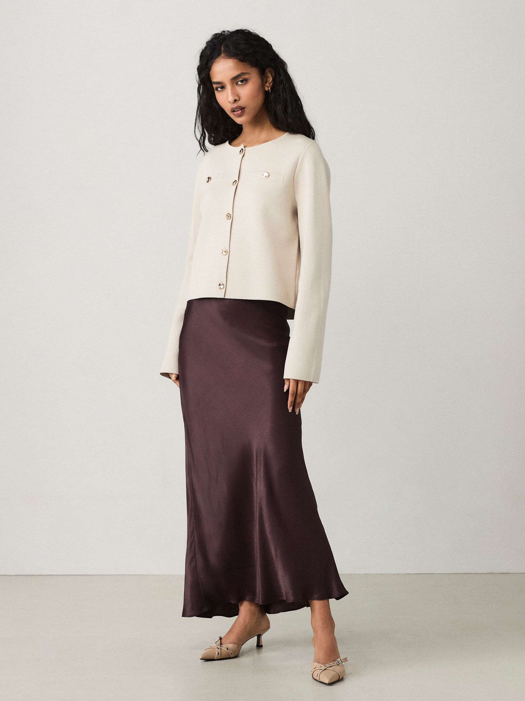 Chocolate Brown Satin Midi Skirt
