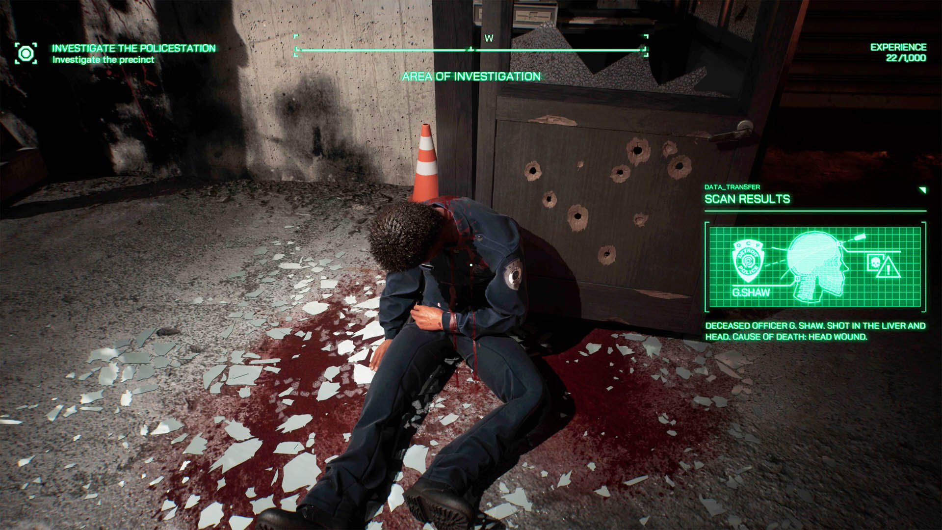 RoboCop scans a policeman's dead body in RoboCop: Rogue City - Unfinished Business