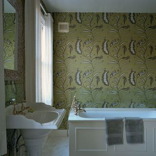 Bathroom with bold patterned wallpaper