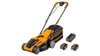 LawnMaster 24V Cordless Lawn Mower shown with two batteries and charger on white background