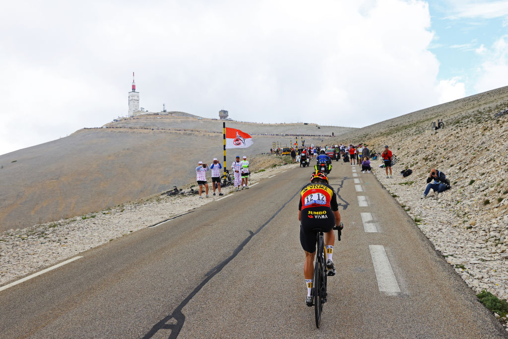 MALAUCENE, FRANCE - JULY 07: Wout Van Aert of Belgium and Team Jumbo-Visma during the 108th Tour de France 2021, Stage 11 a 198,9km km stage from Sorgues to Malaucène / @LeTour / Mont Ventoux (1910m) / Public / Fans / Landscape / #TDF2021 / on July 07, 2021 in Malaucene, France. (Photo by Tim de Waele/Getty Images)