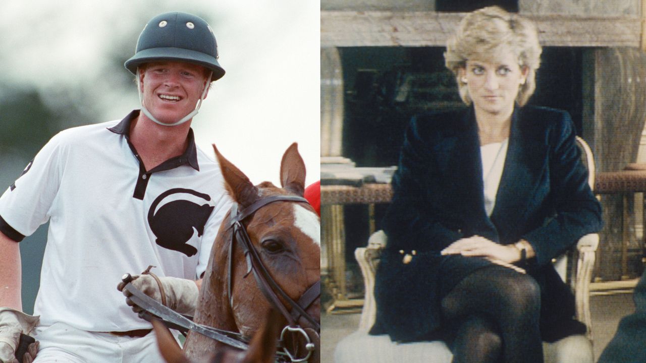 A photo of James Hewitt playing polo wearing a white uniform next to a photo of Princess Diana wearing a black blazer and skirt sitting in a chair