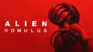 A red, white and black promo image with a spider-like creature hugging a person's face