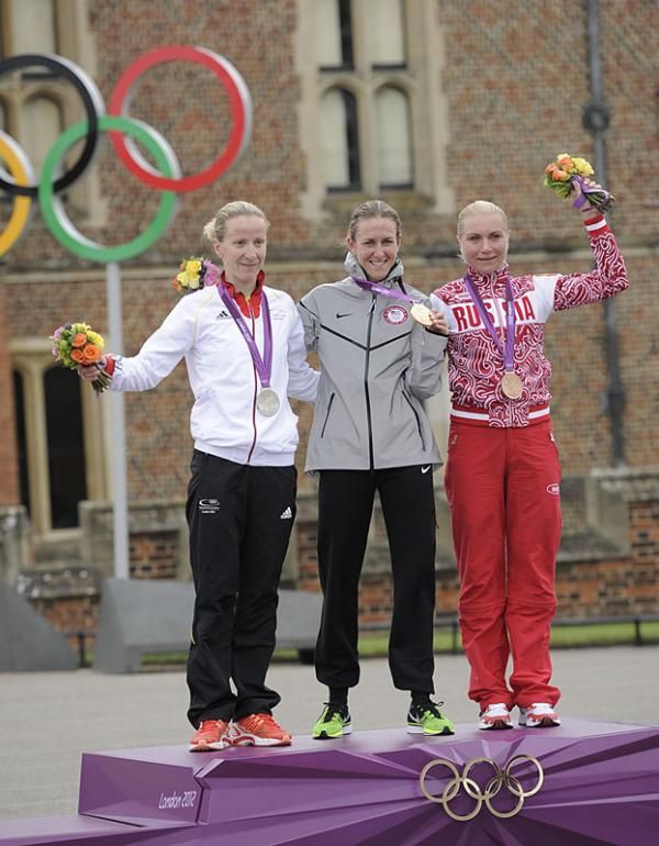 Elite women's time trial podium: Judith Arndt, Kristin Armstrong and Olga Zabelinskaya