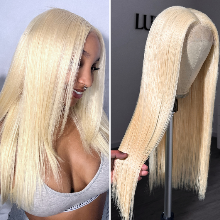 Premax Wigs - 180% Density Easily Redyed 613 Silky Straight 5x5 Closure Hd Lace Glueless Mid Part Long Wig Pre-Cut &amp;amp; Plucked &amp;amp; Bleached