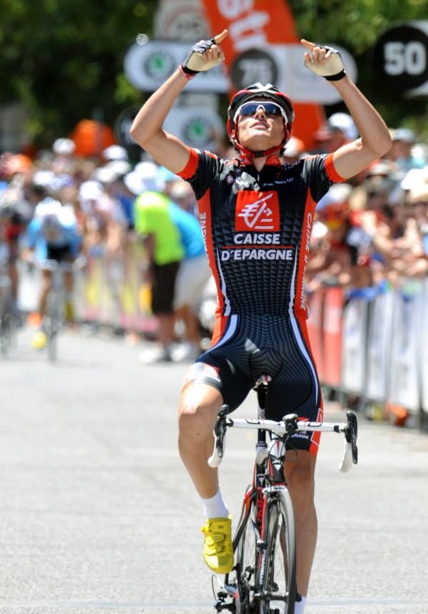 Luis Leon Sanchez (Caisse d'Espargne) looks to the heavens after winning the stage