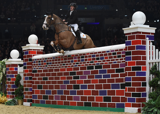 CHRISTOPHER MEGAHEY riding SEAPATRICK CRUISE CAVALIER during Puissance Show Jumping Class (Class 04), at The Equestrian.com Liverpool International Horse Show 2016 at Olympia, London, UK on 1st January 2016