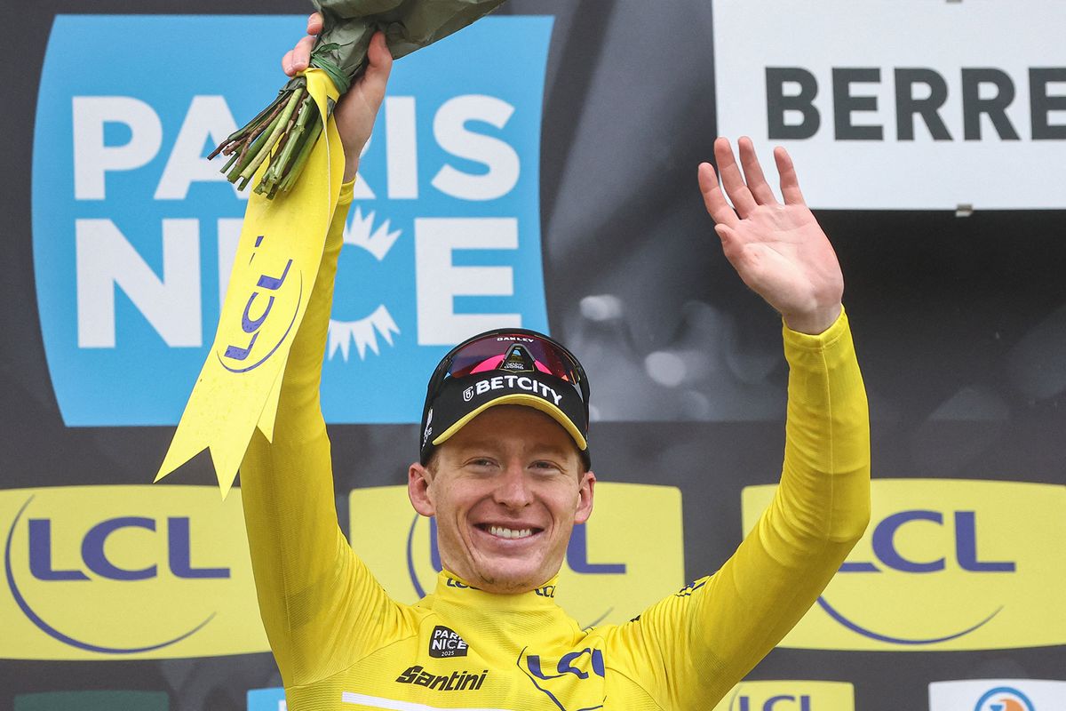 Matteo Jorgenson celebrates another day in yellow as race leader