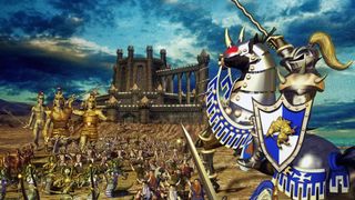 A knight on a horse charges an army of monsters