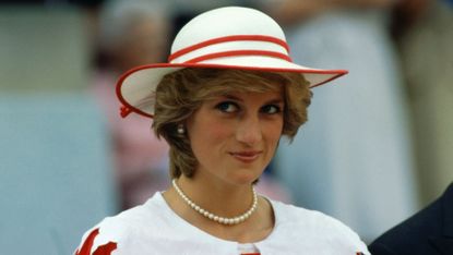 diana, princess of wales, wears an outfit in the colors of canada during a state visit to edmonton, alberta, with her husband