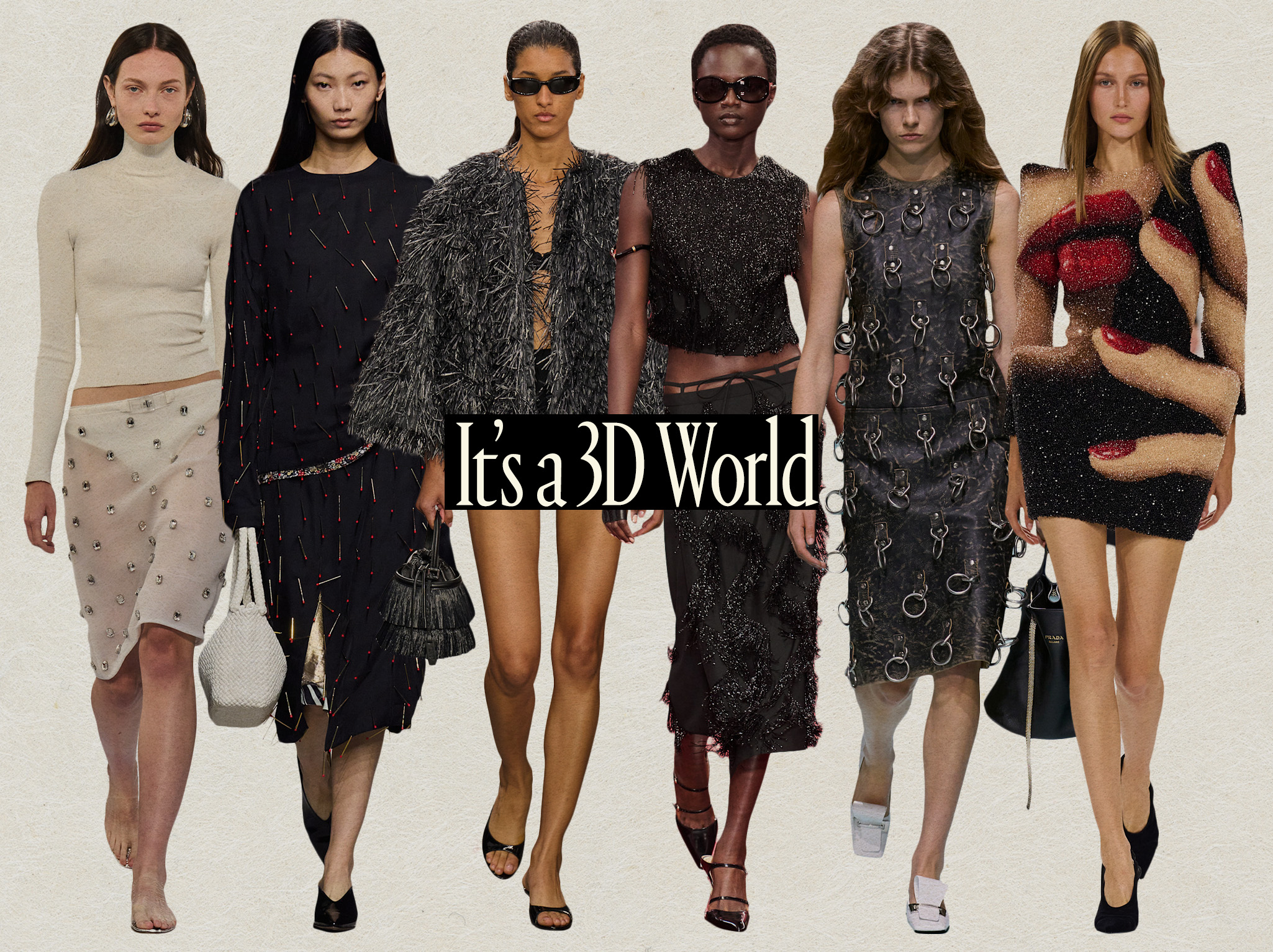 A collage of runway images showing the 3D embellishment spring trend in the collections of Brandon Maxwell, Bottega Veneta, Michael Kors, Gucci, Prada, and Balmain.