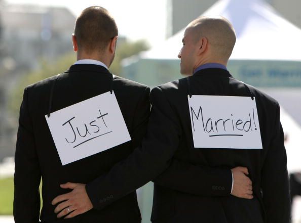 A gay couple on their wedding day.