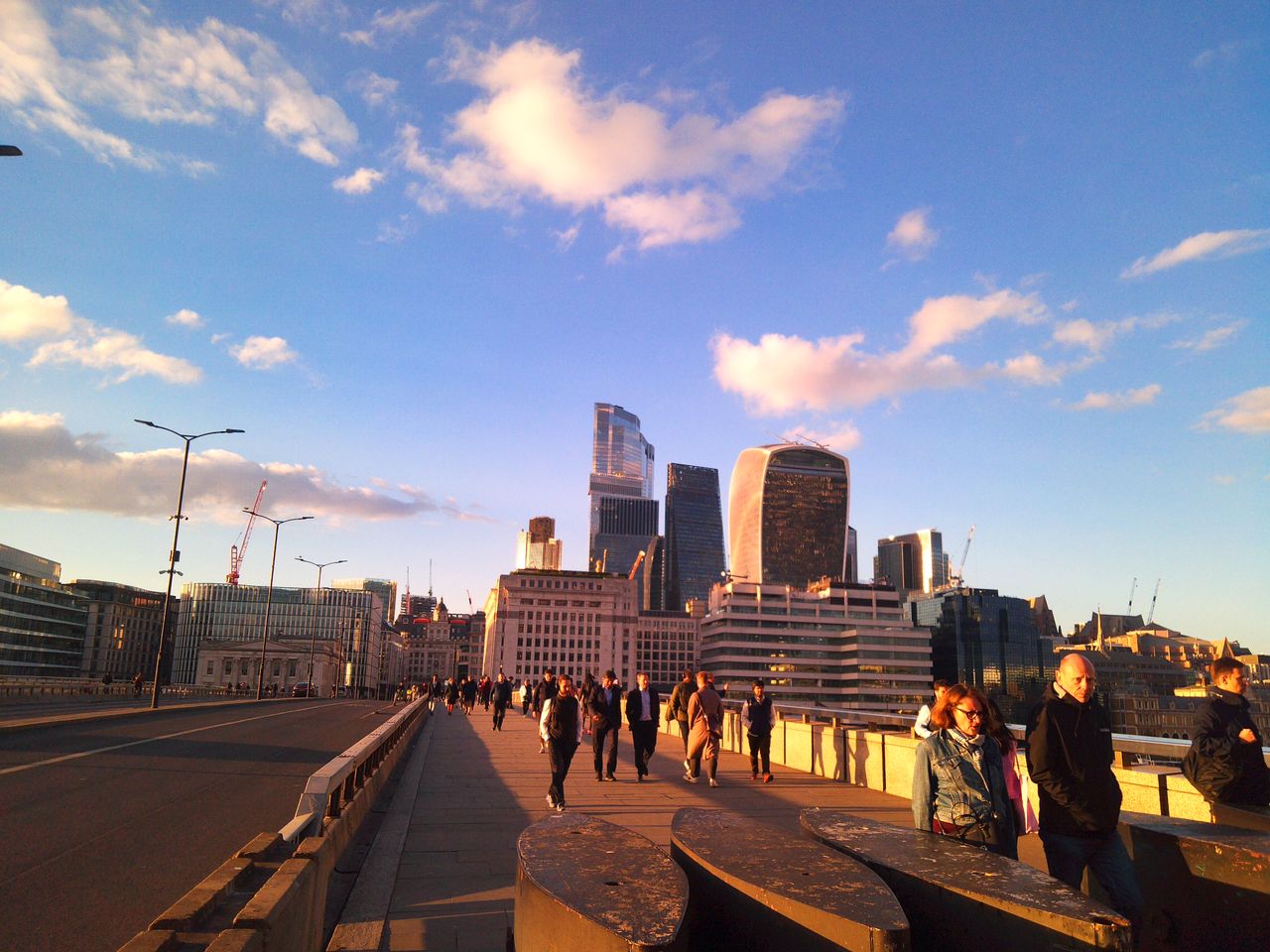 Sample image from Camp Snap CS-Pro digital compact camera showing people walking across London Bridge at sunset
