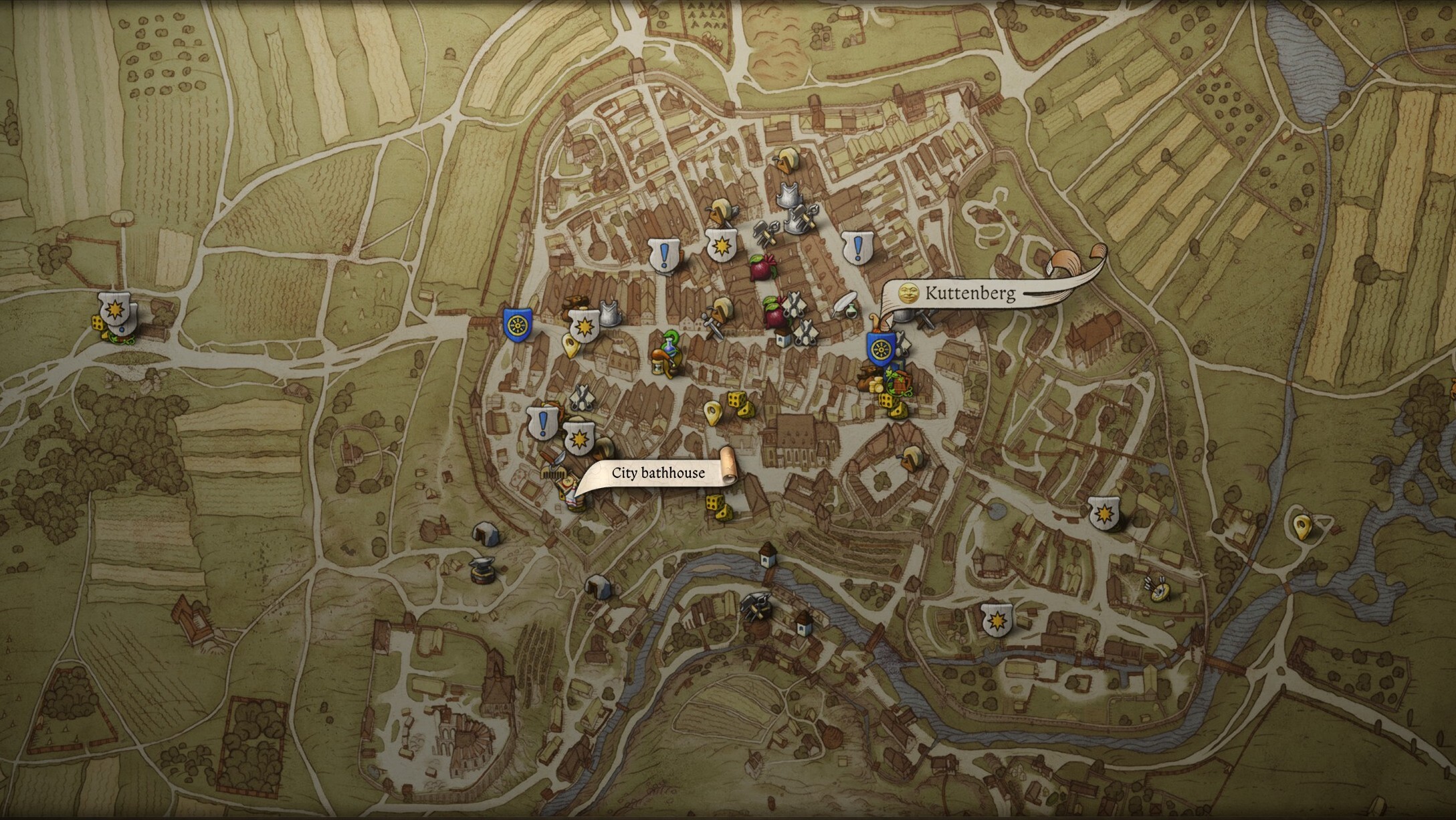 Kingdom Come Deliverance 2 barbers change hairstyle - A map showing the location of the barber in Kuttenberg.