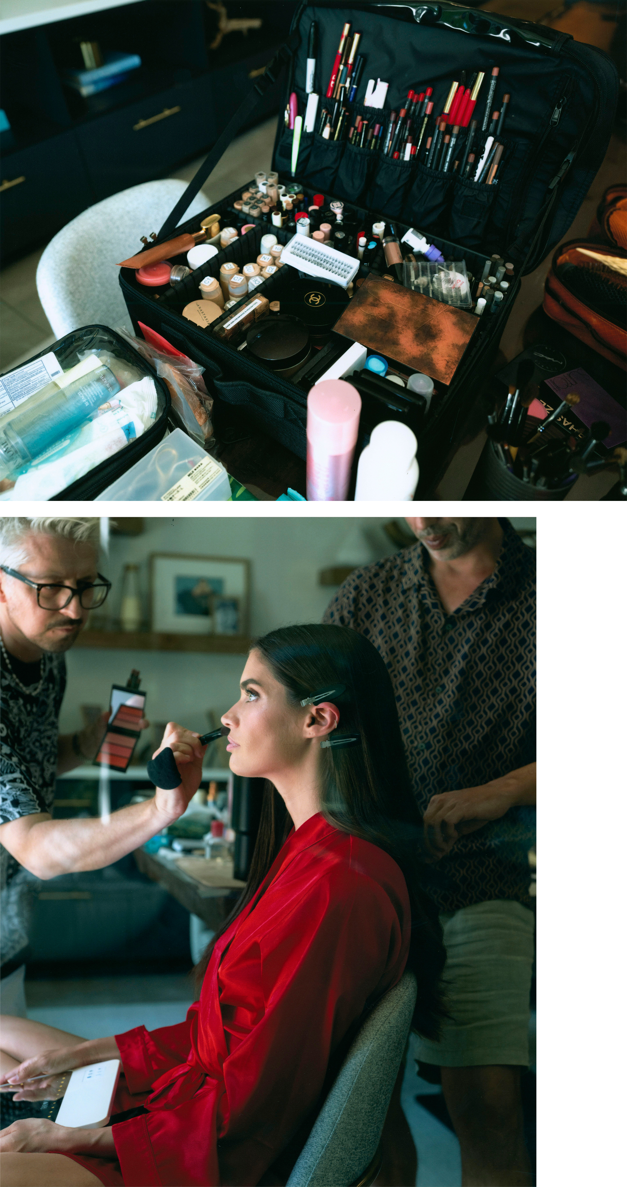 Sara Sampaio getting ready for the Superman Los Angeles premiere. The top image shows the makeup artist's kit featuring various products. The bottom image shows Sampaio in the glam share getting final makeup touches.