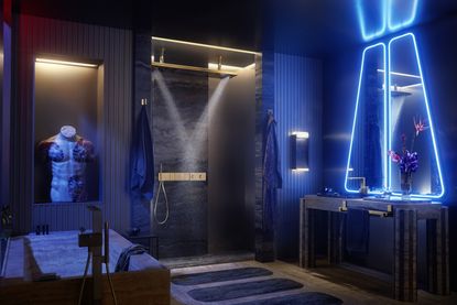 Dark blue lit bathroom interior with torso sculpture