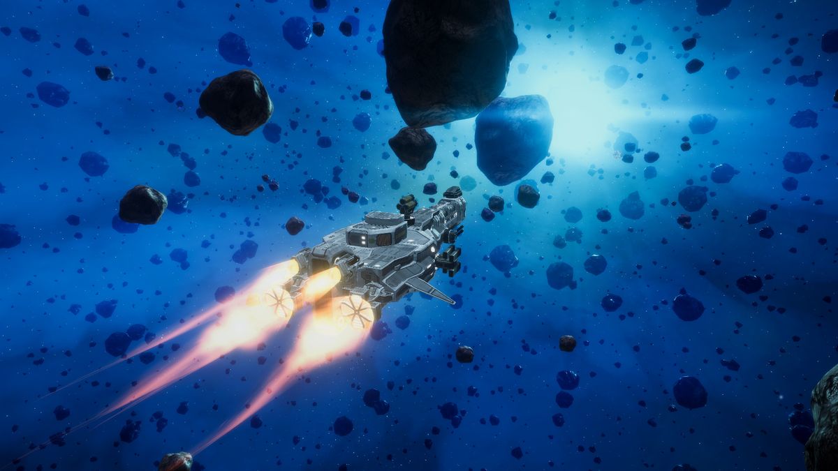 A spaceship jets away from the camera, into an asteroid field illuminated by a distant blue sun.