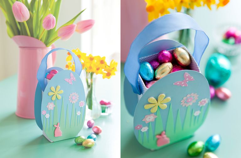 Two photos showing how to make Easter baskets at home