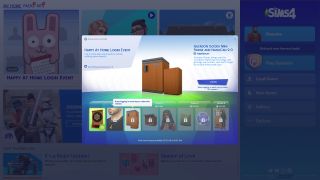The Sims 4 - a pop up menu for the "Happy At Home Login Event" showing 8 possible free rewards over 4 weeks.