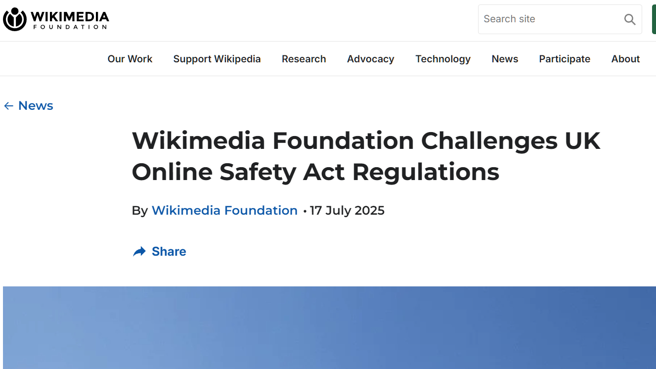 A screenshot of the blog post from the Wikimedia Foundation on opposing the Online Safety Act.