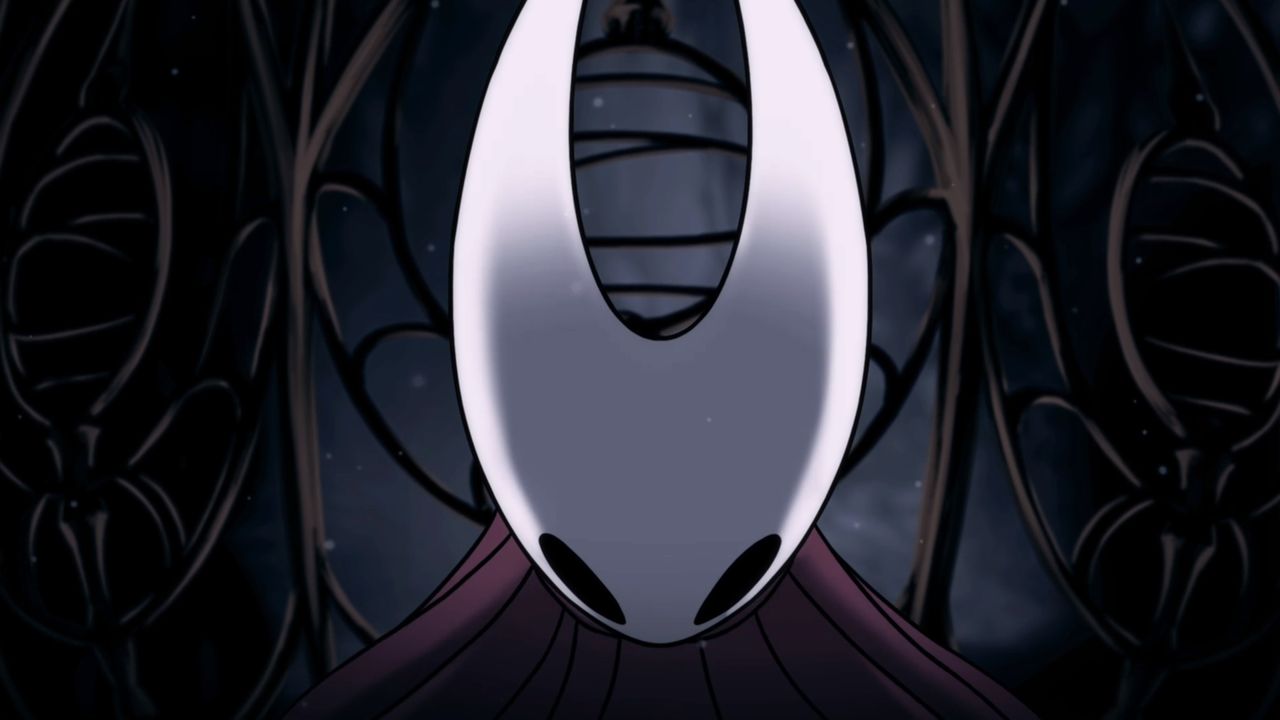 Hornet, head lowered, in Hollow Knight: Silksong within her cage in the opening cutscene