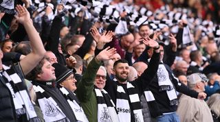 Newcastle fans celebrate victory against Sunderland at the Stadium of Light in the FA Cup in January 2024.
