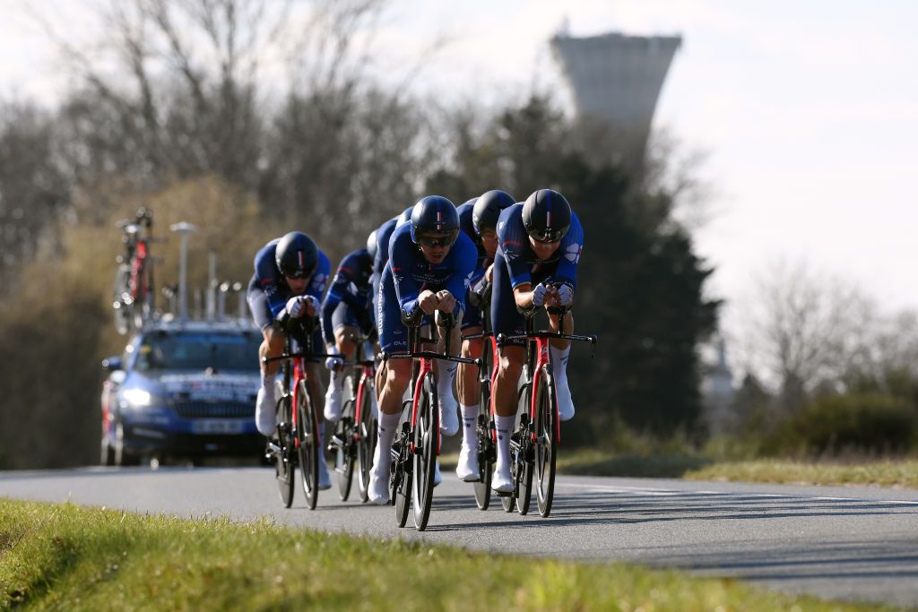 DAMPIERRE FRANCE MARCH 07 David Gaudu of France and Team Groupama FDJ sprints during the 81st Paris Nice 2023 Stage 3 a 322km team time trial from Dampierre en Burly to Dampierre en Burly ParisNice on March 07 2023 in Dampierre France Photo by Alex BroadwayGetty Images