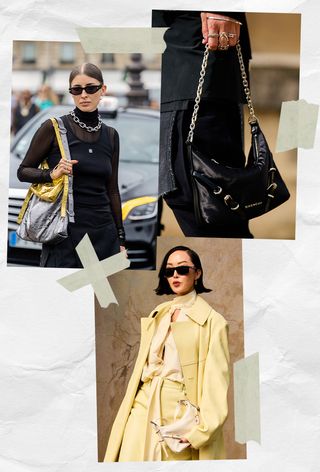 a collage of women carrying the Givenchy Voyou Bag