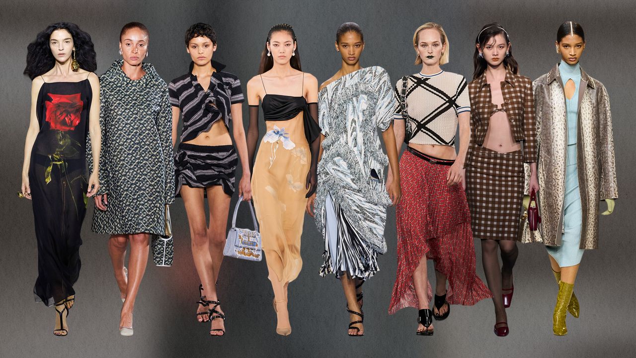 a collage of print trends on the spring/summer 2024 runway 