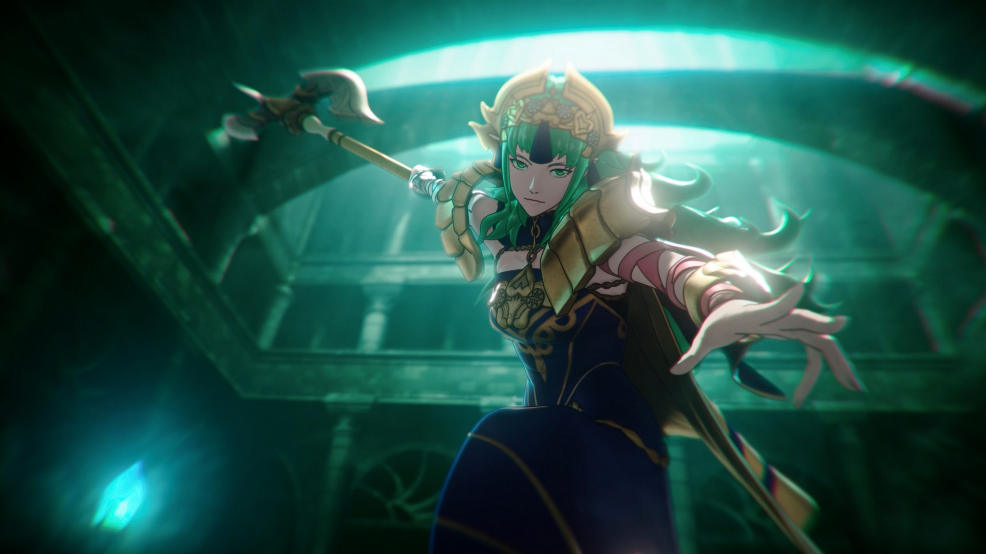 Sophis strikes with a halberd in a green-tinted room in Fire Emblem: Fortune's Weave