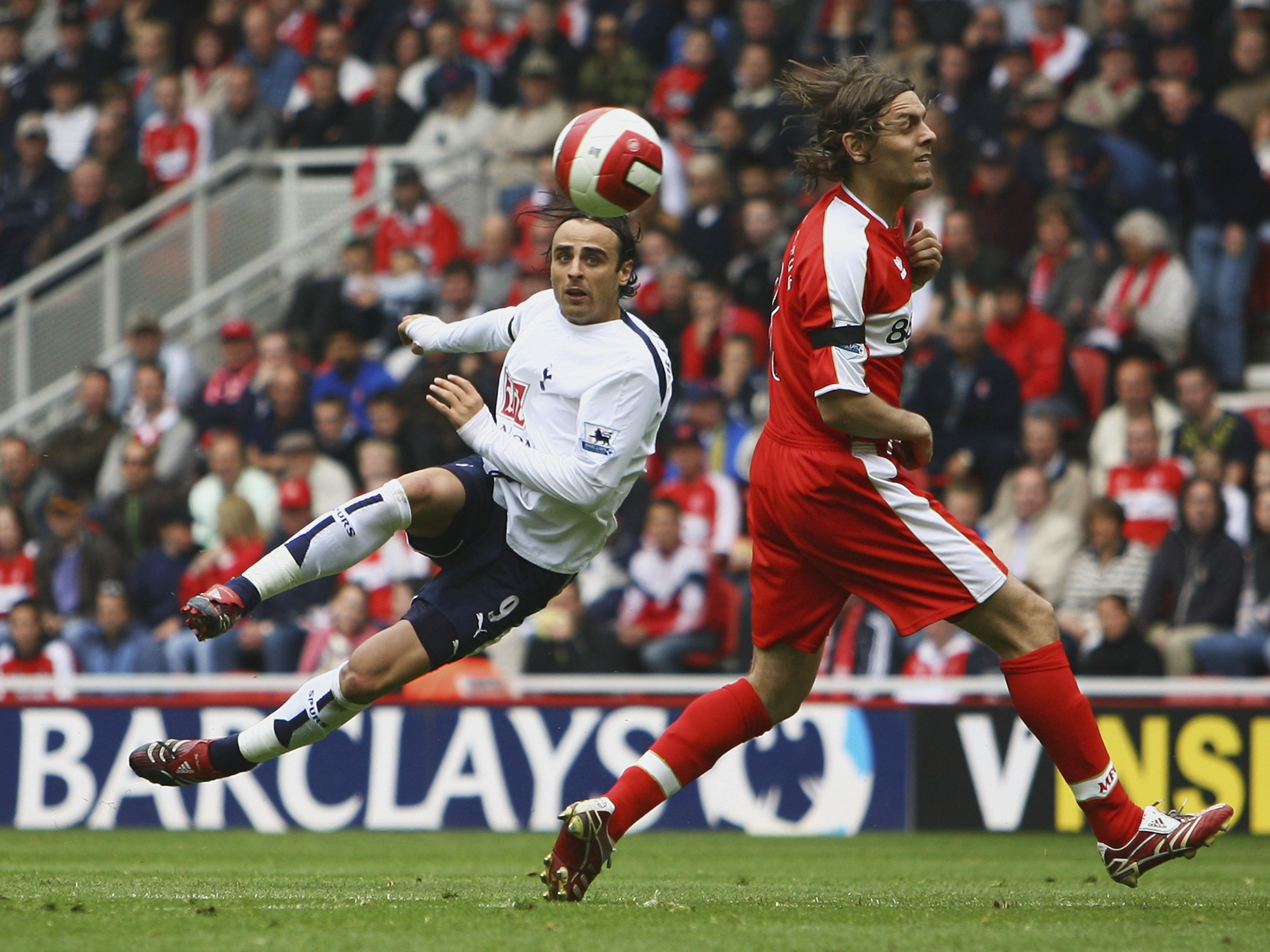 Dimitar Berbatov hits a volley for Tottenham against Middlesbrough in 2008.