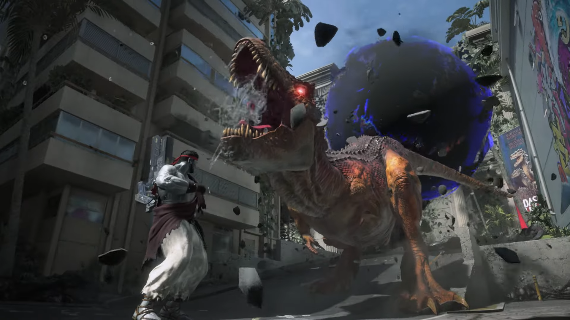 Capcom, insanların ne istediğini biliyor: Mecha Ryu dev bir dinozoru yumrukluyor