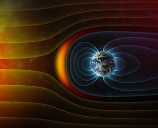 A diagram showing how Earth’s magnetic field blocks the solar wind of particles from the Sun