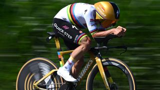 CAEN, FRANCE - JULY 09: Remco Evenepoel of Belgium and Team Soudal Quick-Step competes during the 112th Tour de France, Stage 5 a 33km individual time trial stage from Caen to Caen / #UCIWT / on July 09, 2025 in Caen, France. (Photo by Dario Belingheri/Getty Images) 