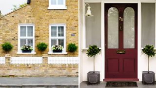 Collage image of two house exteriors both showing topiary trees and window boxes suggesting greenery as how to make your house look expensive from the outside