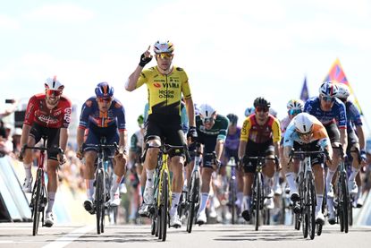 Wout van Aert of Belgium and Team Visma | Lease a Bike (C) celebrates at finish line as stage winner during the 78th Tour Auvergne-Rhone-Alpes 2026, Stage 5 
