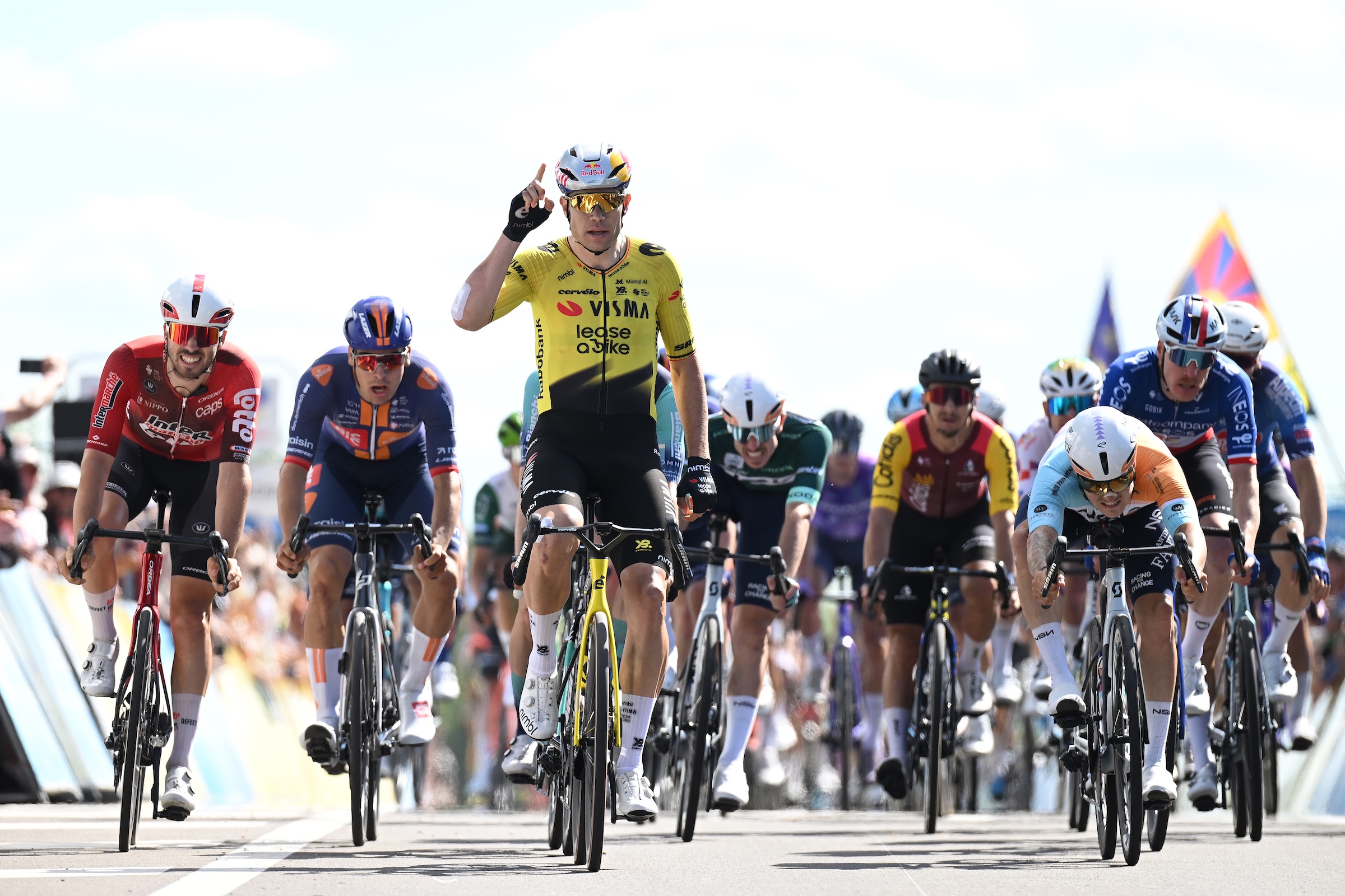 Wout van Aert of Belgium and Team Visma | Lease a Bike (C) celebrates at finish line as stage winner during the 78th Tour Auvergne-Rhone-Alpes 2026, Stage 5 