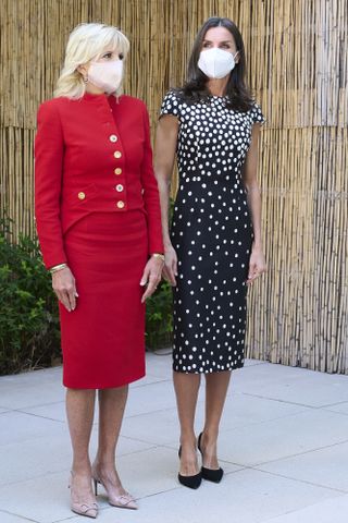 Jill Biden wearing a custom schiaparelli suit to visit Spain