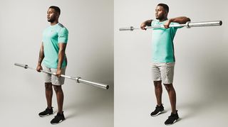 Man demonstrates two positions of the high pull using an empty Olympic barbell