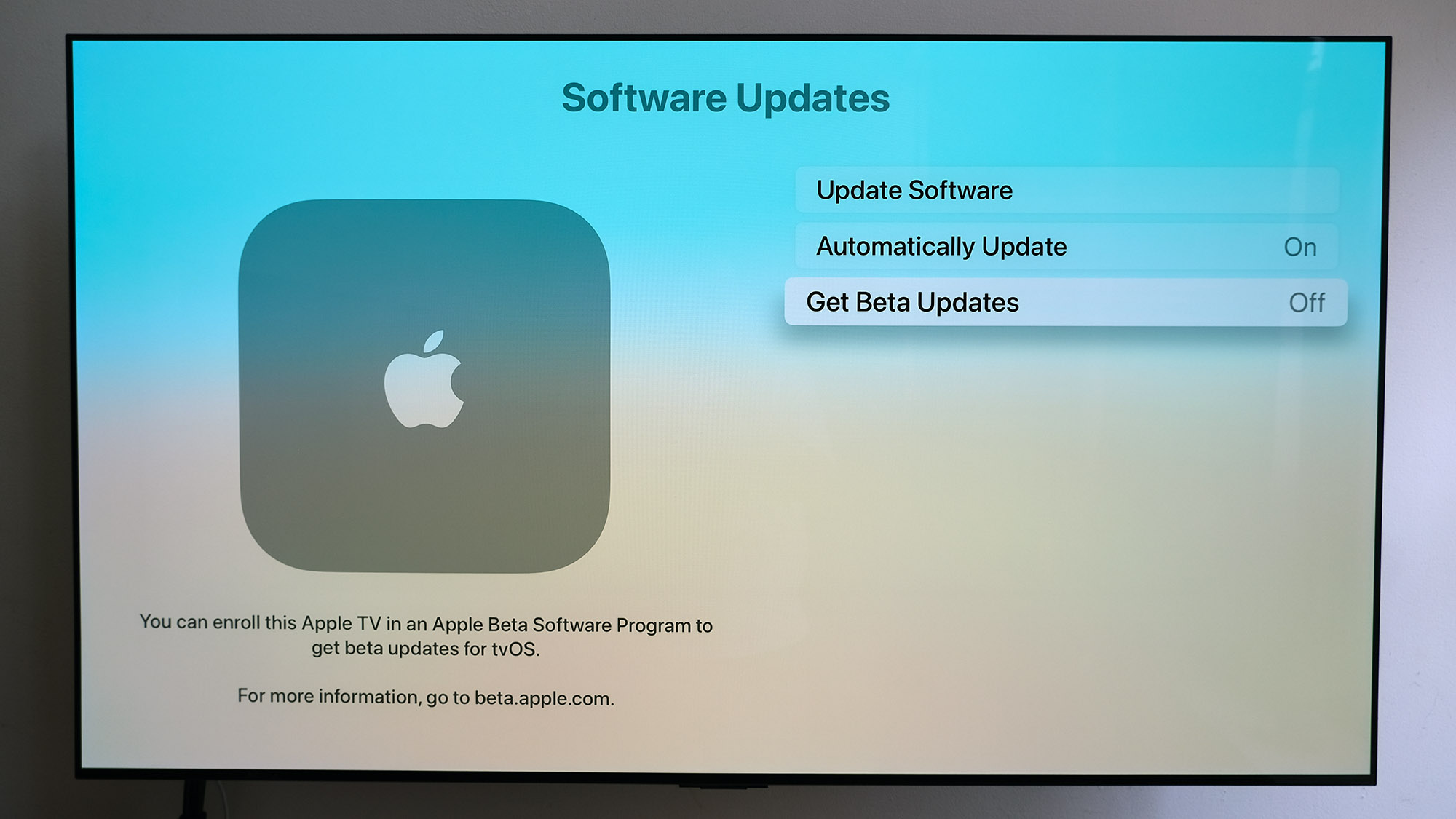 Der Bildschirm „tvOS-Software-Updates“ mit ausgewählter Schaltfläche „Beta-Updates abrufen“.